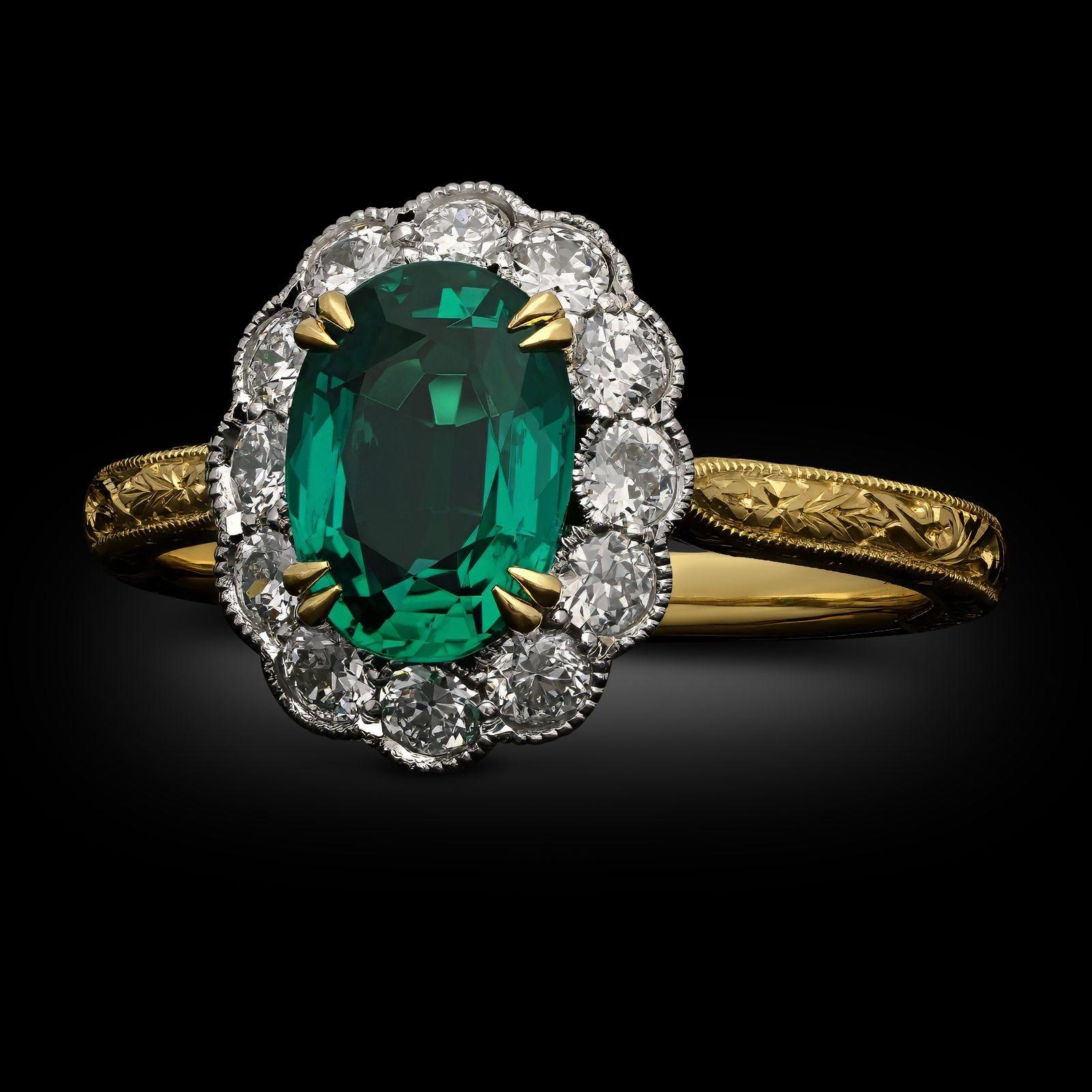 Hancocks 1,18ct kolumbianischen kein Öl Smaragd & Diamant-Cluster-Ring im Zustand „Neu“ im Angebot in London, GB