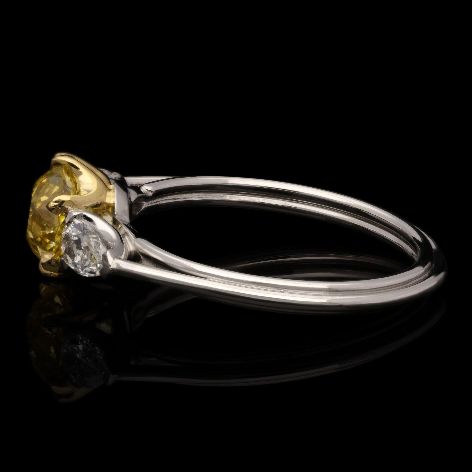 Hancocks 1.27ct Fancy Intense Yellow Old European Brilliant Cut Diamond Ring In New Condition For Sale In London, GB