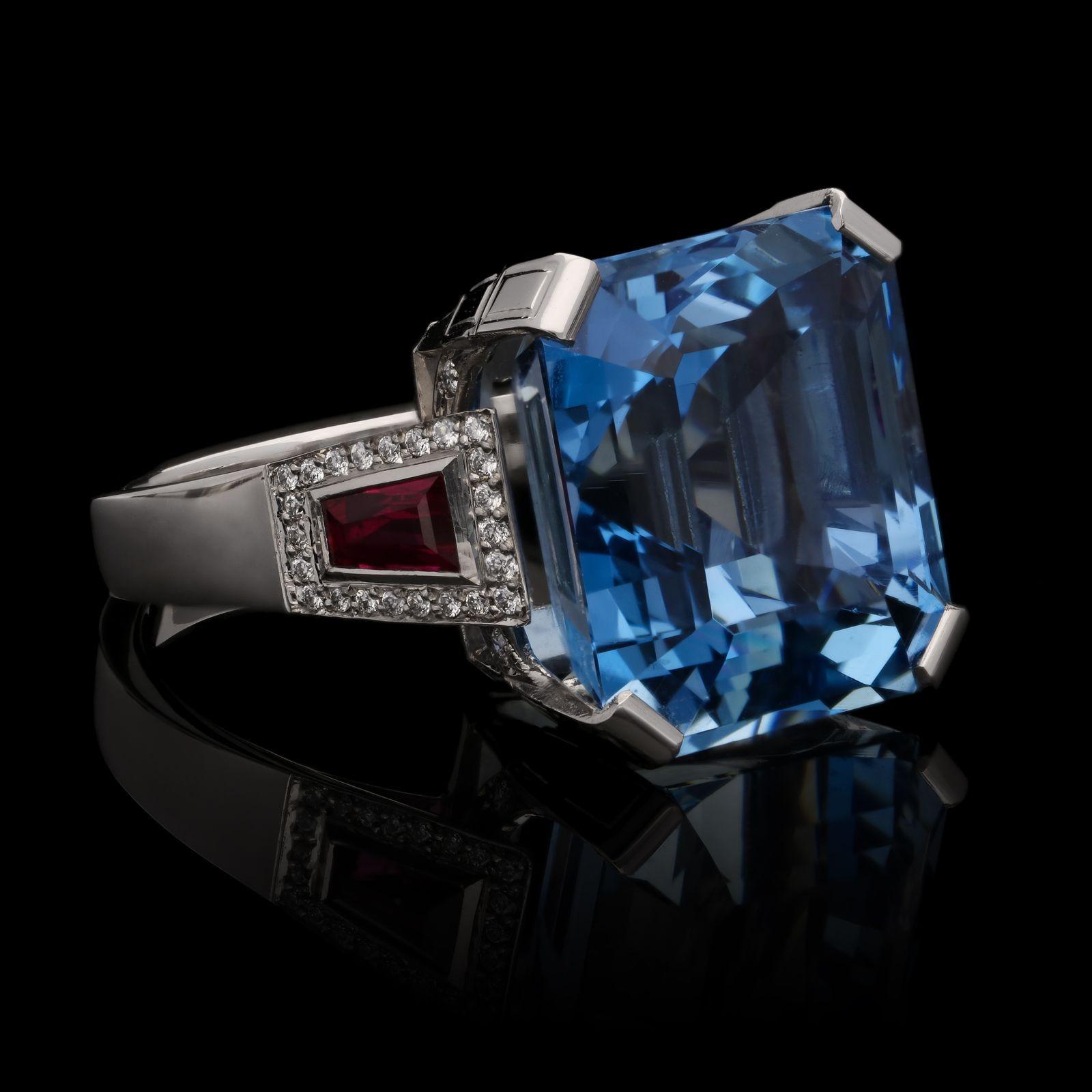 Emerald Cut Hancocks 14.17ct Aquamarine Ruby And Diamond Cocktail Ring Contemporary For Sale
