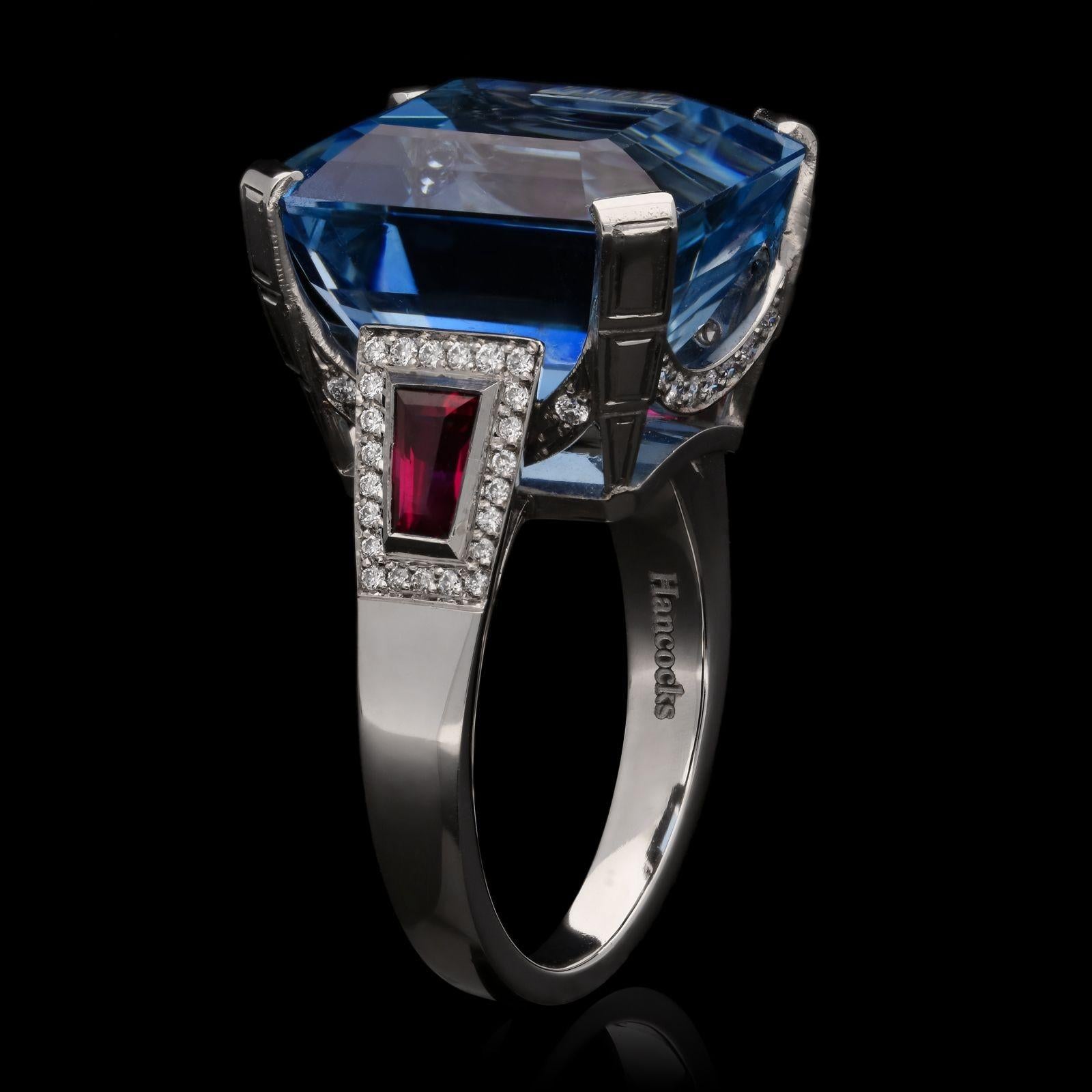Hancocks 14.17ct Aquamarine Ruby And Diamond Cocktail Ring Contemporary In New Condition For Sale In London, GB