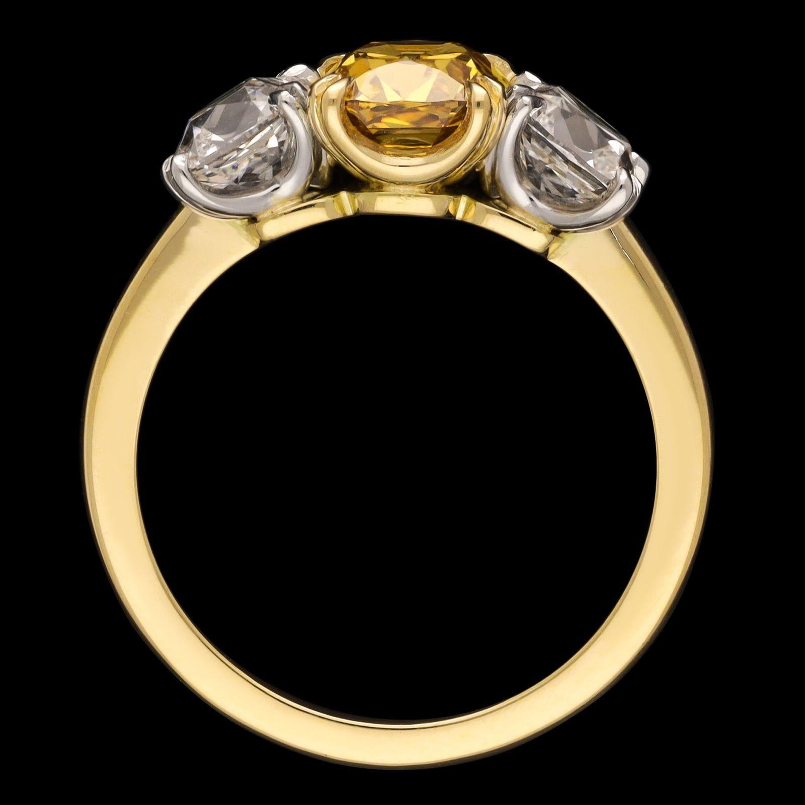 Old Mine Cut Hancocks 1.42ct Fancy Deep Orangey-Yellow Diamond Ring with Diamond Shoulders For Sale