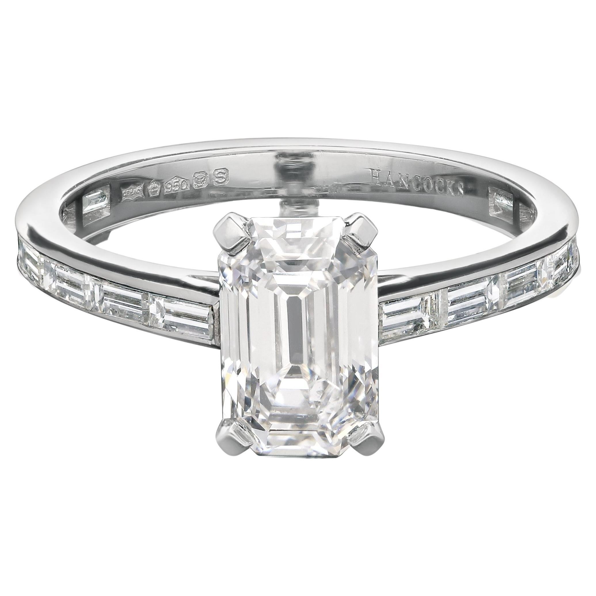 Hancocks 1.52ct Emerald-Cut Diamond Solitaire Ring With Baguette Diamond Band For Sale