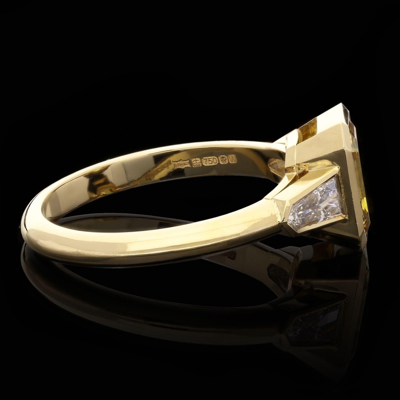 Emerald Cut Hancocks 1.52ct Fancy Deep Yellow Diamond Ring with White Diamond Shoulders For Sale