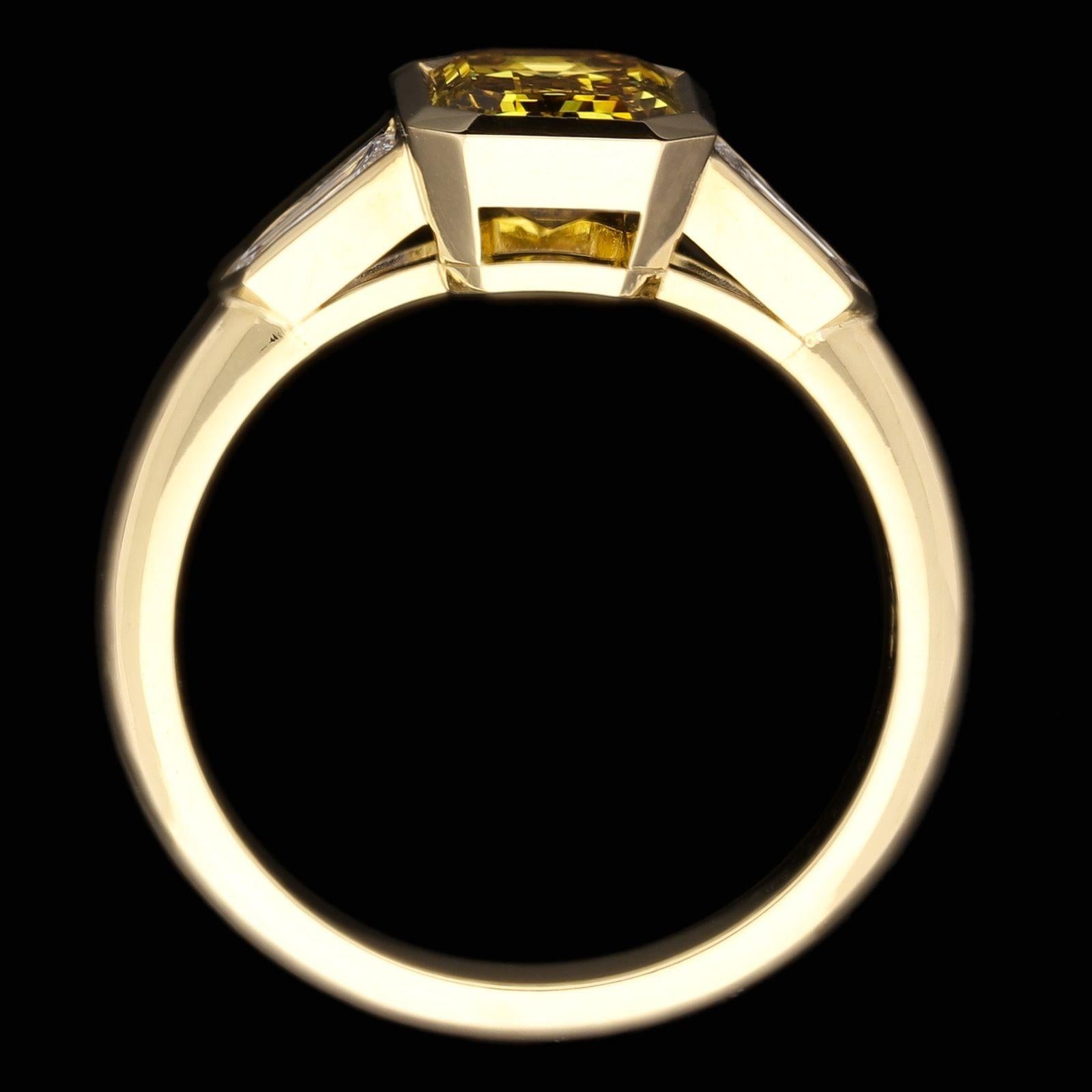 Women's or Men's Hancocks 1.52ct Fancy Deep Yellow Diamond Ring with White Diamond Shoulders For Sale