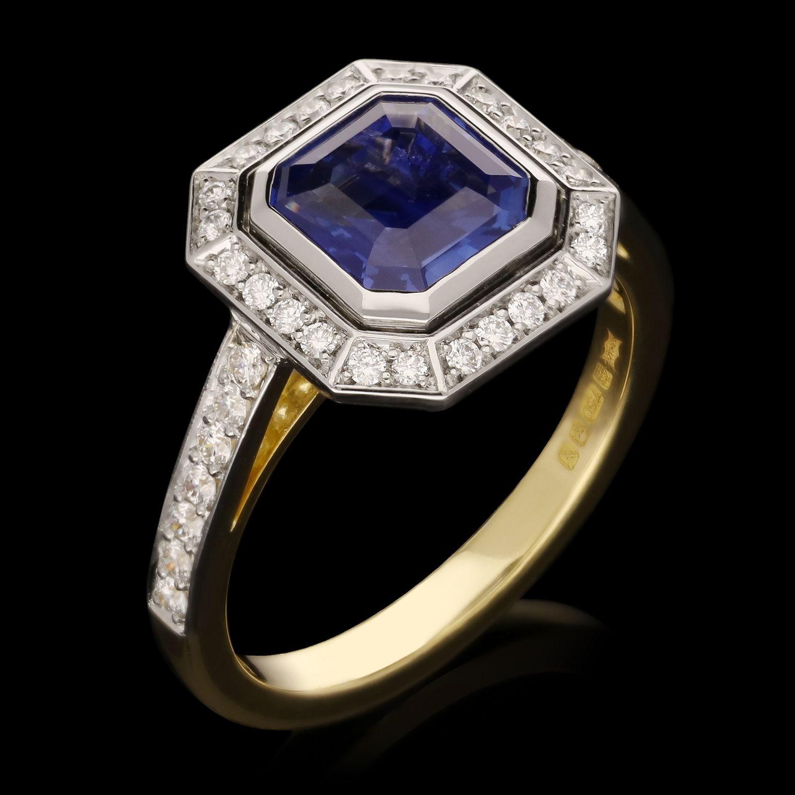 Octagon Cut Hancocks 1.59ct Octagonal Sapphire And Diamond Cluster Ring Contemporary For Sale