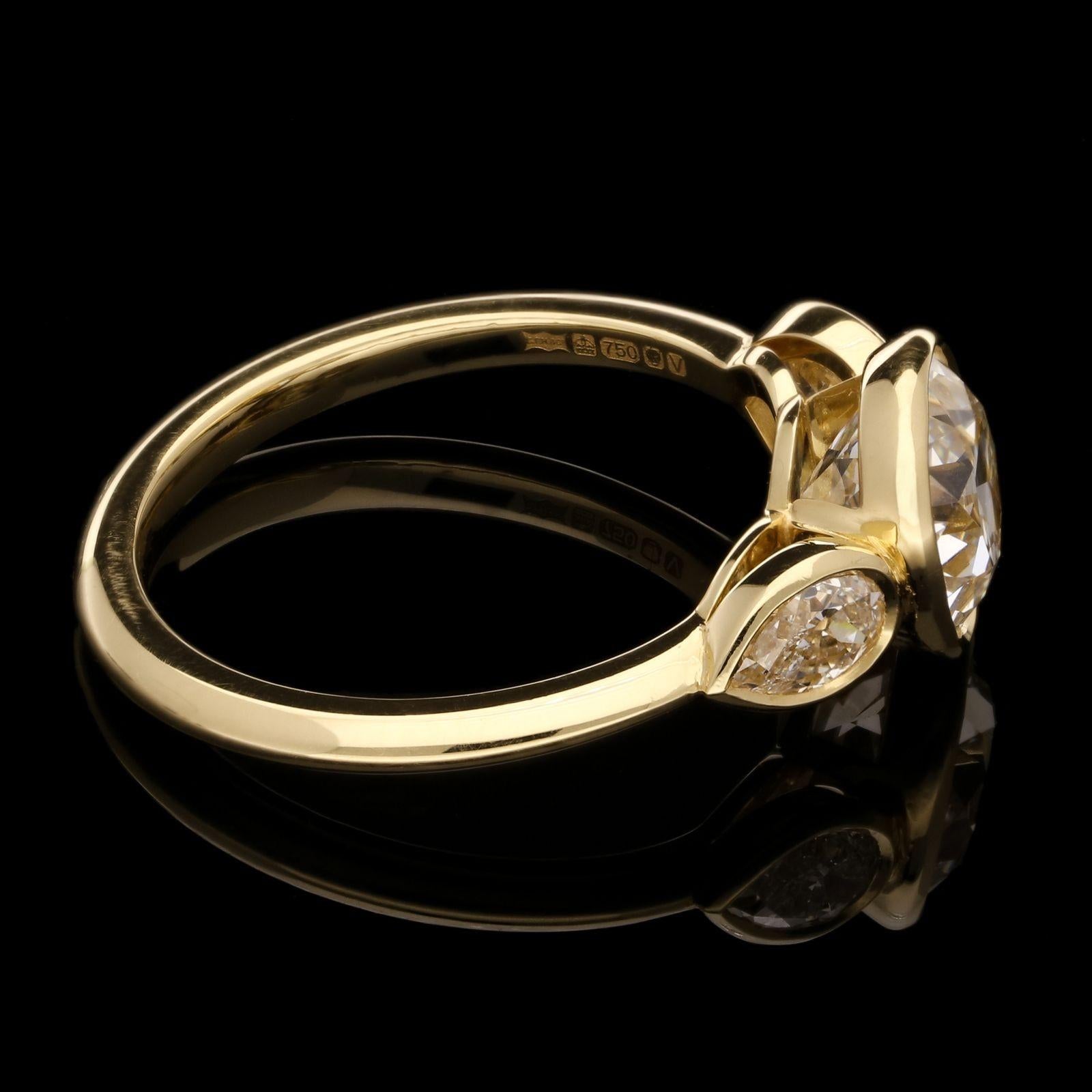 Old European Cut Hancocks 1.77ct Old Cut Diamond Ring Pear Shaped Shoulders Rub Over Gold Setting For Sale