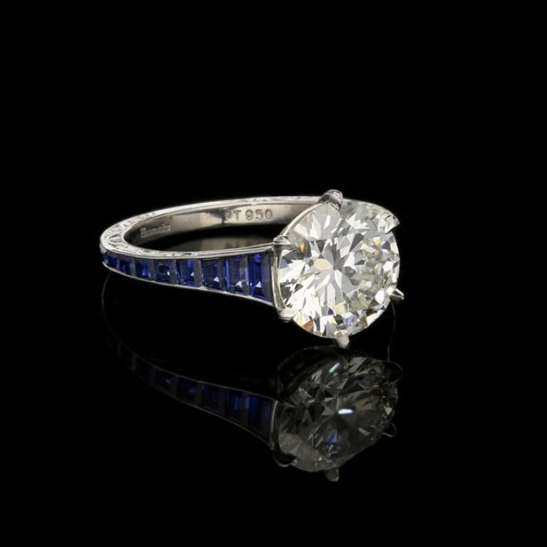 Contemporary Hancocks 2.04ct Carat Old-Cut Diamond Ring with Calibre-Cut Sapphire Shoulders