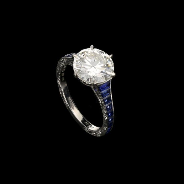 Old European Cut Hancocks 2.04ct Carat Old-Cut Diamond Ring with Calibre-Cut Sapphire Shoulders