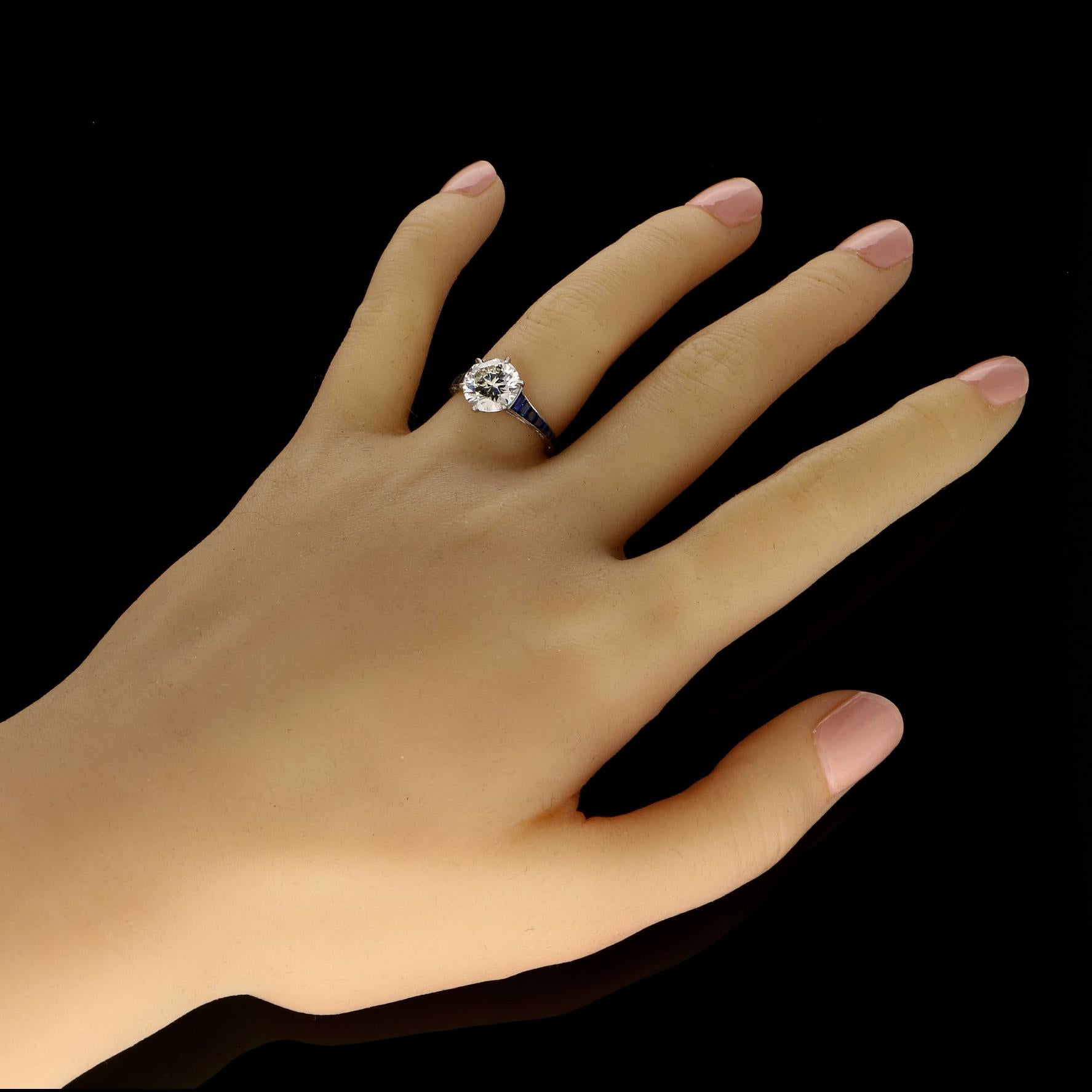 Women's or Men's Hancocks 2.04ct Carat Old-Cut Diamond Ring with Calibre-Cut Sapphire Shoulders