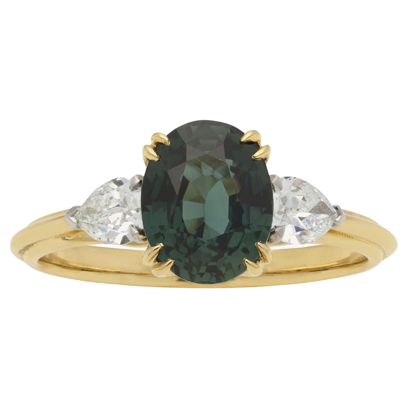 Hancocks 2.05 Carat Teal Sapphire Ring with Pear Shape Diamond Shoulders For Sale