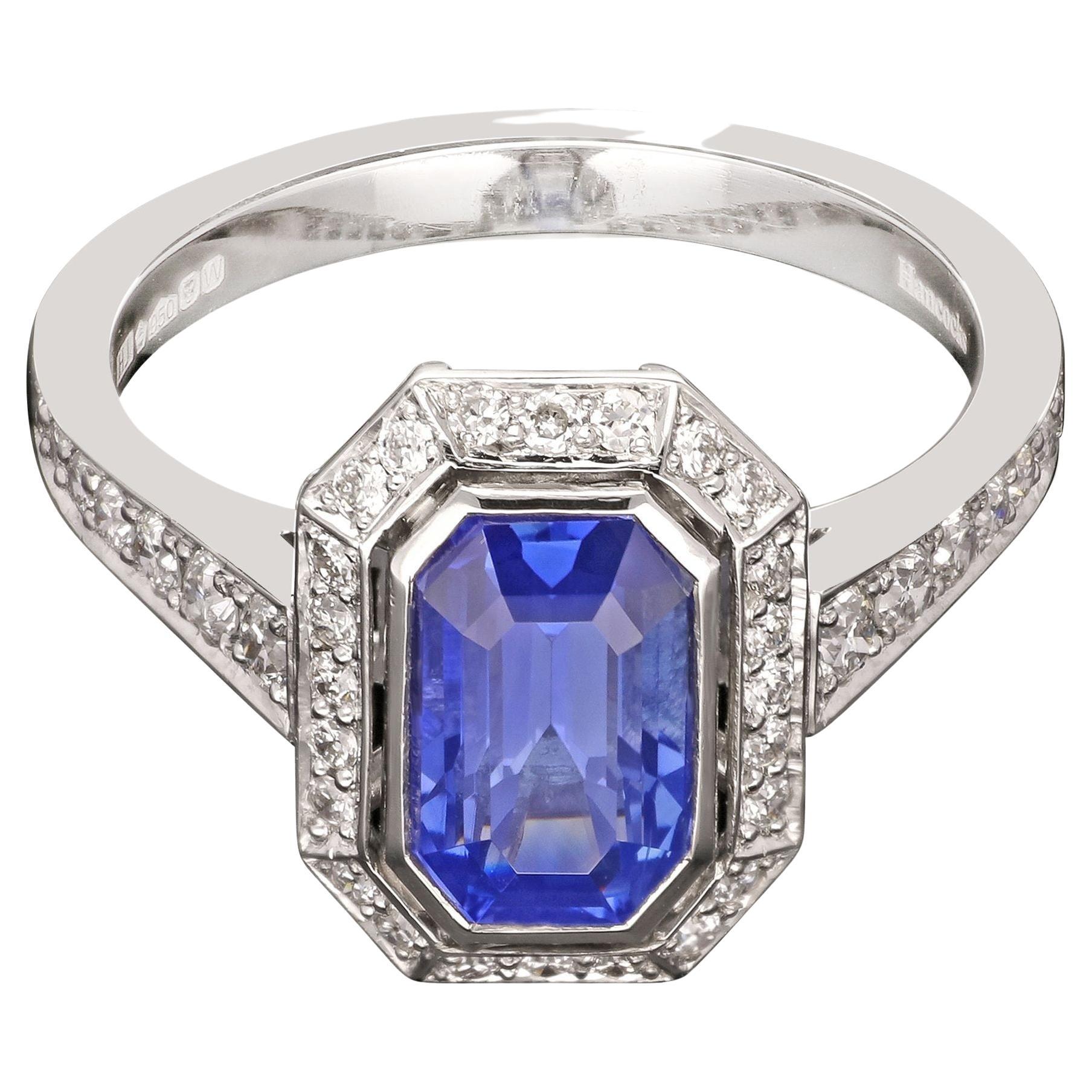 Hancocks 2.15ct Octagonal Step-Cut Sapphire Diamond Cluster Ring Contemporary For Sale