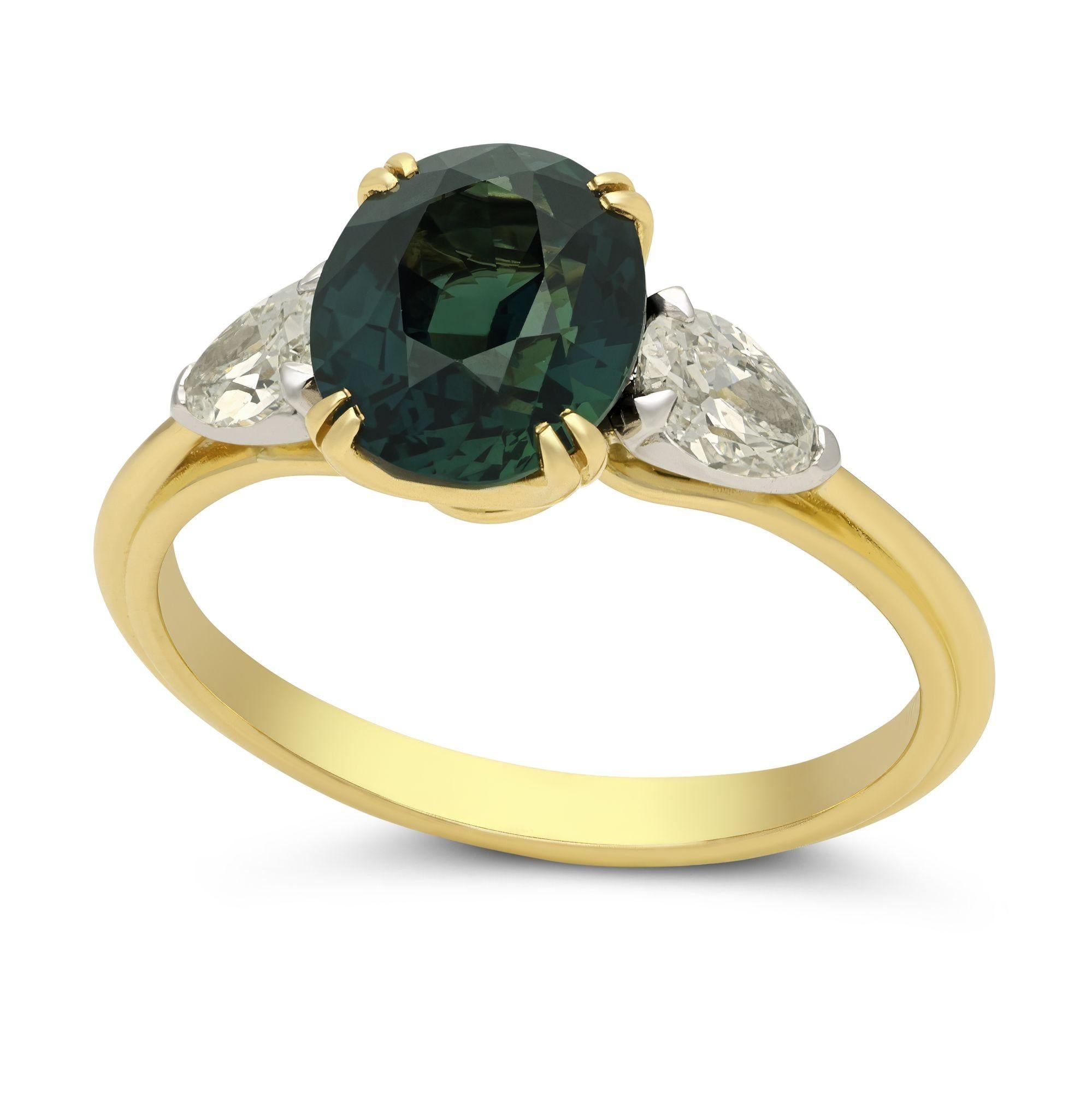 Maker:
Hancocks
Summary:
2.35ct Teal Sapphire & Diamond Ring
Description:
A handcrafted natural teal sapphire and diamond ring by Hancocks. The ring is set to the centre with a 2.35ct oval cut unheated teal colour sapphire set with double 18ct