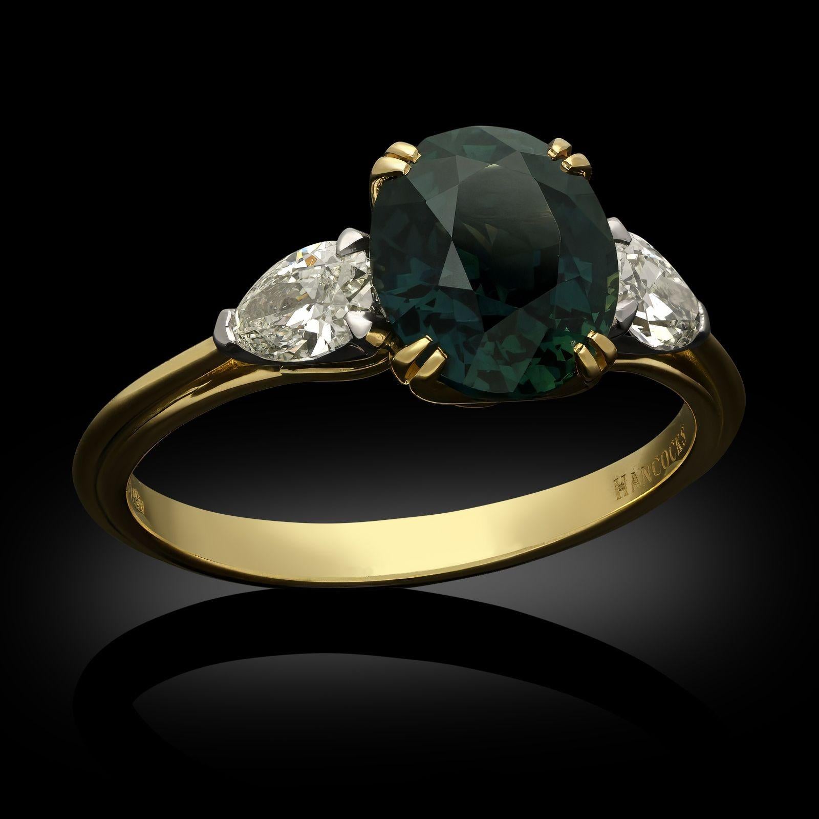 Oval Cut Hancocks 2.35ct Teal Sapphire & Diamond Ring For Sale