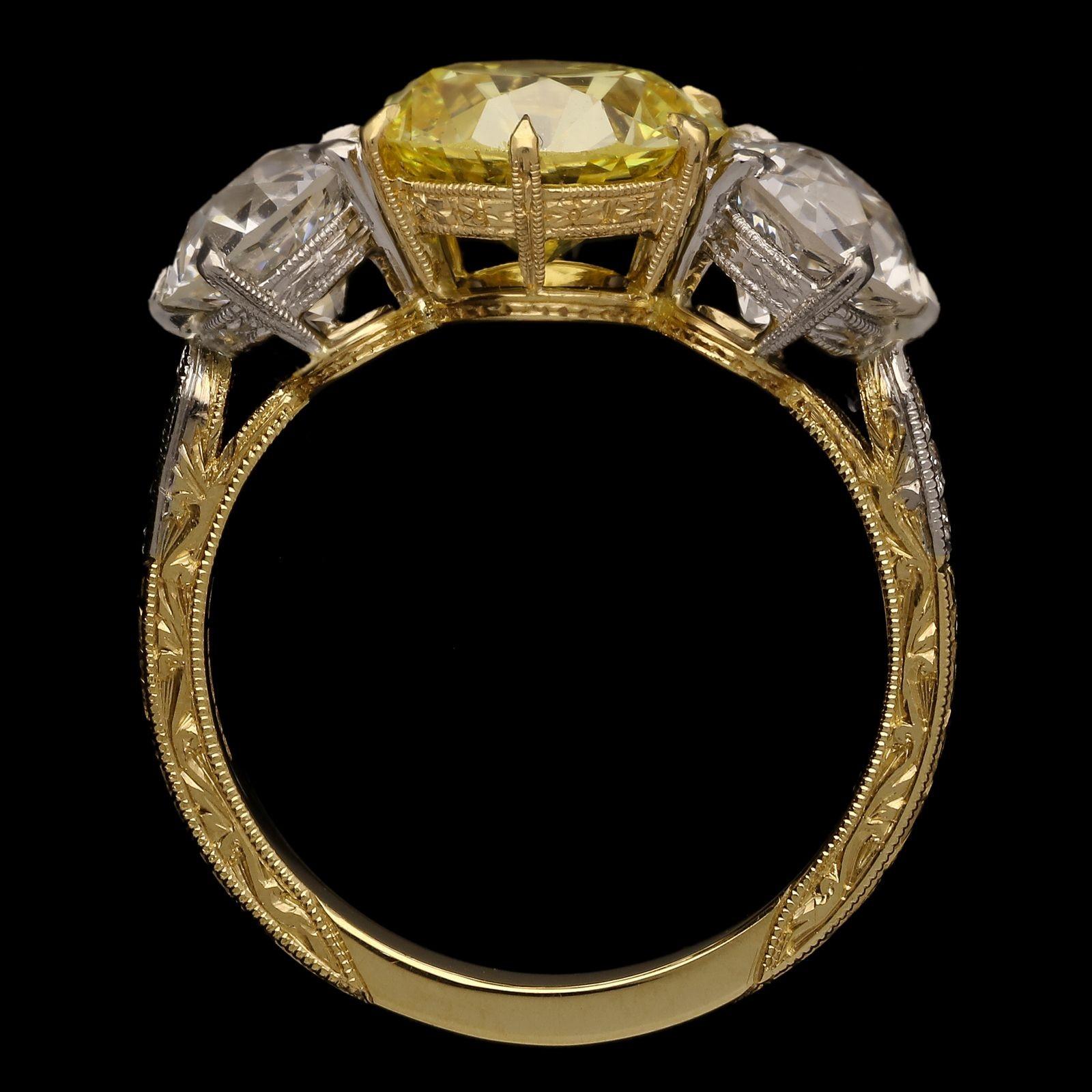 Hancocks 2.41ct Fancy Intense Yellow Diamond Ring Old European Diamond Shoulders In New Condition For Sale In London, GB