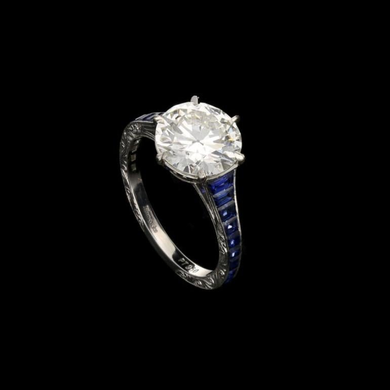 Old European Cut Hancocks 2.50 Carat Old-Cut Diamond Ring with Calibre-Cut Sapphire Shoulders