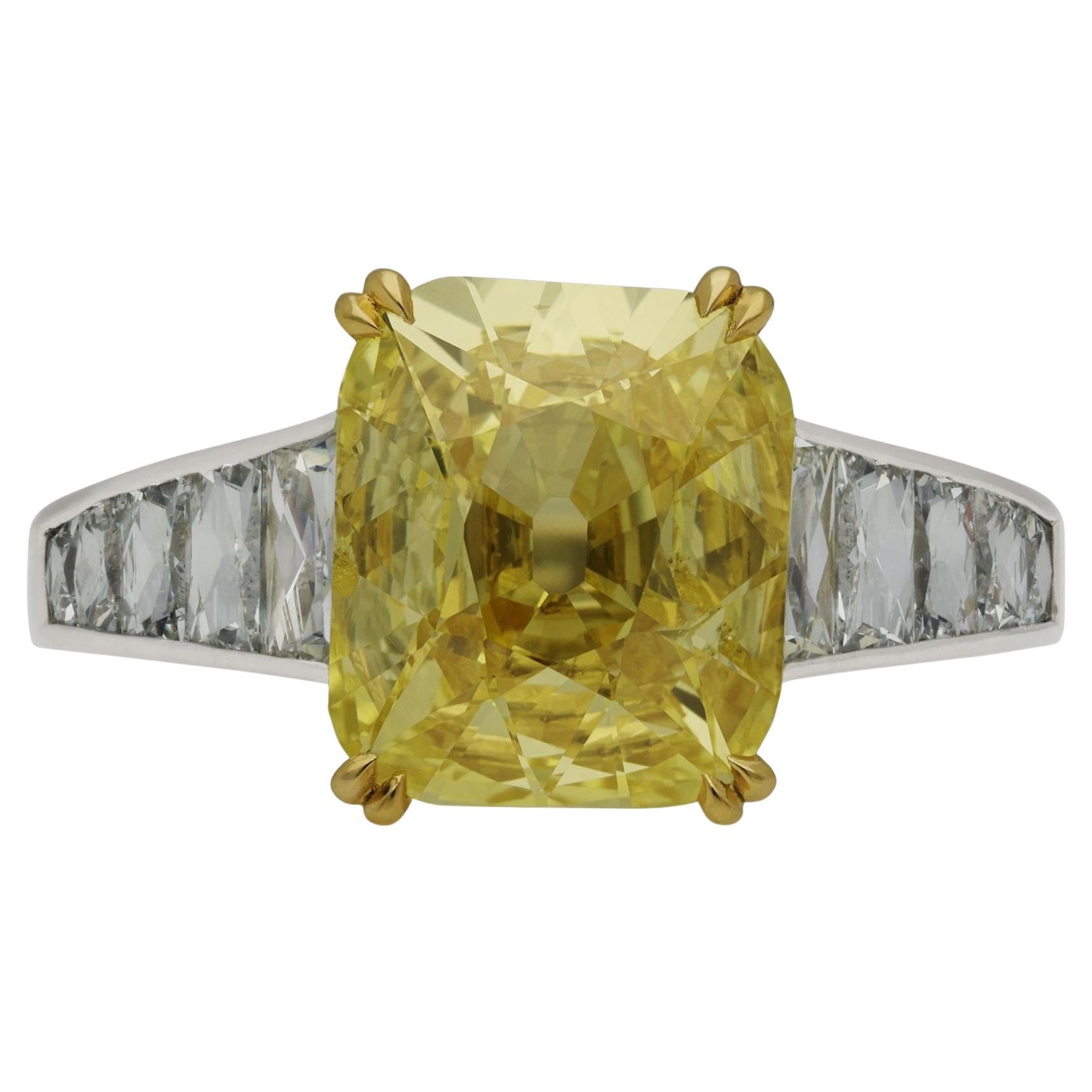 Hancocks 2.56ct Fancy Intense Yellow Old Cushion Cut Diamond and French Cut Ring For Sale
