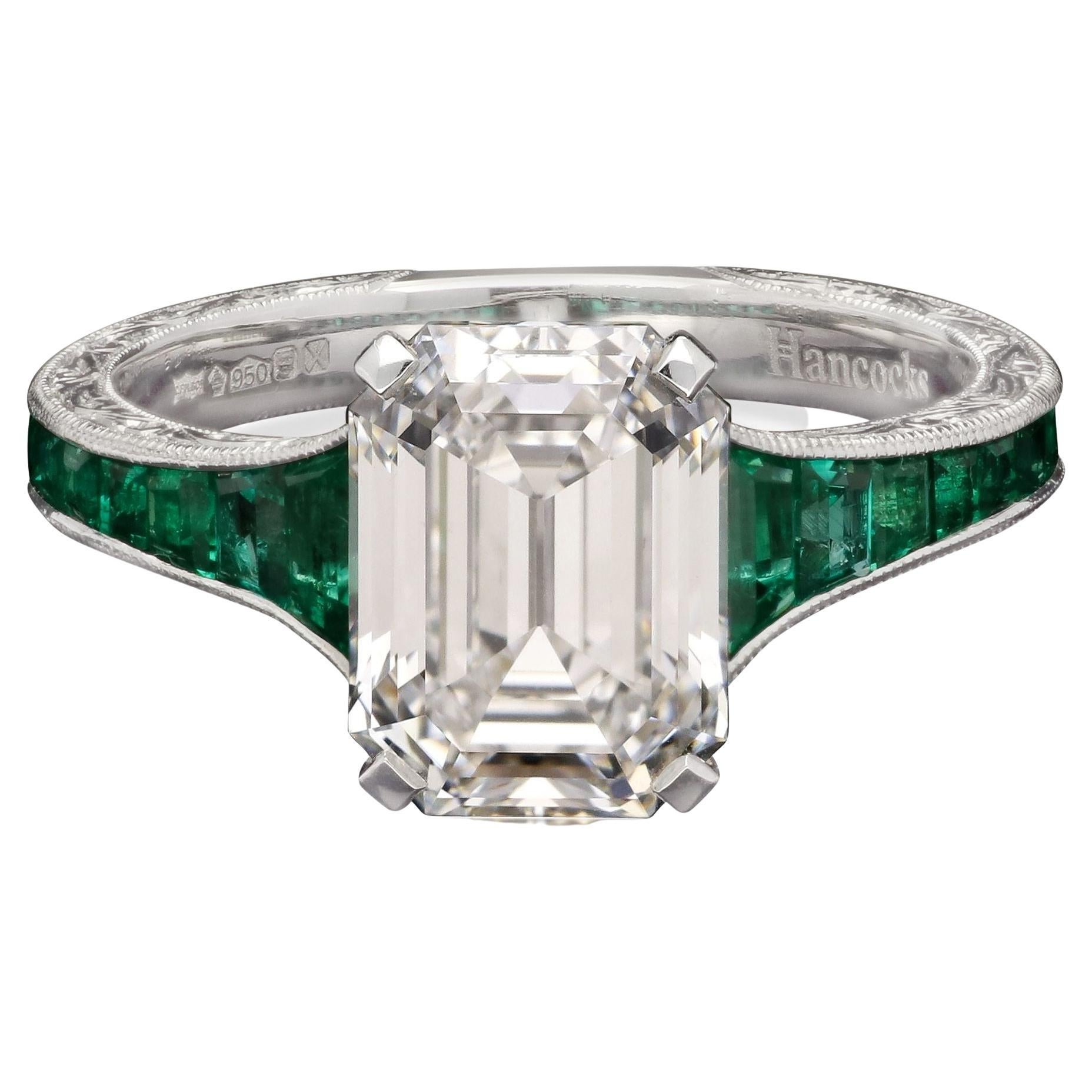 Hancocks 2.85ct Emerald-Cut Diamond Ring with Calibre Cut Emerald Band Platinum
