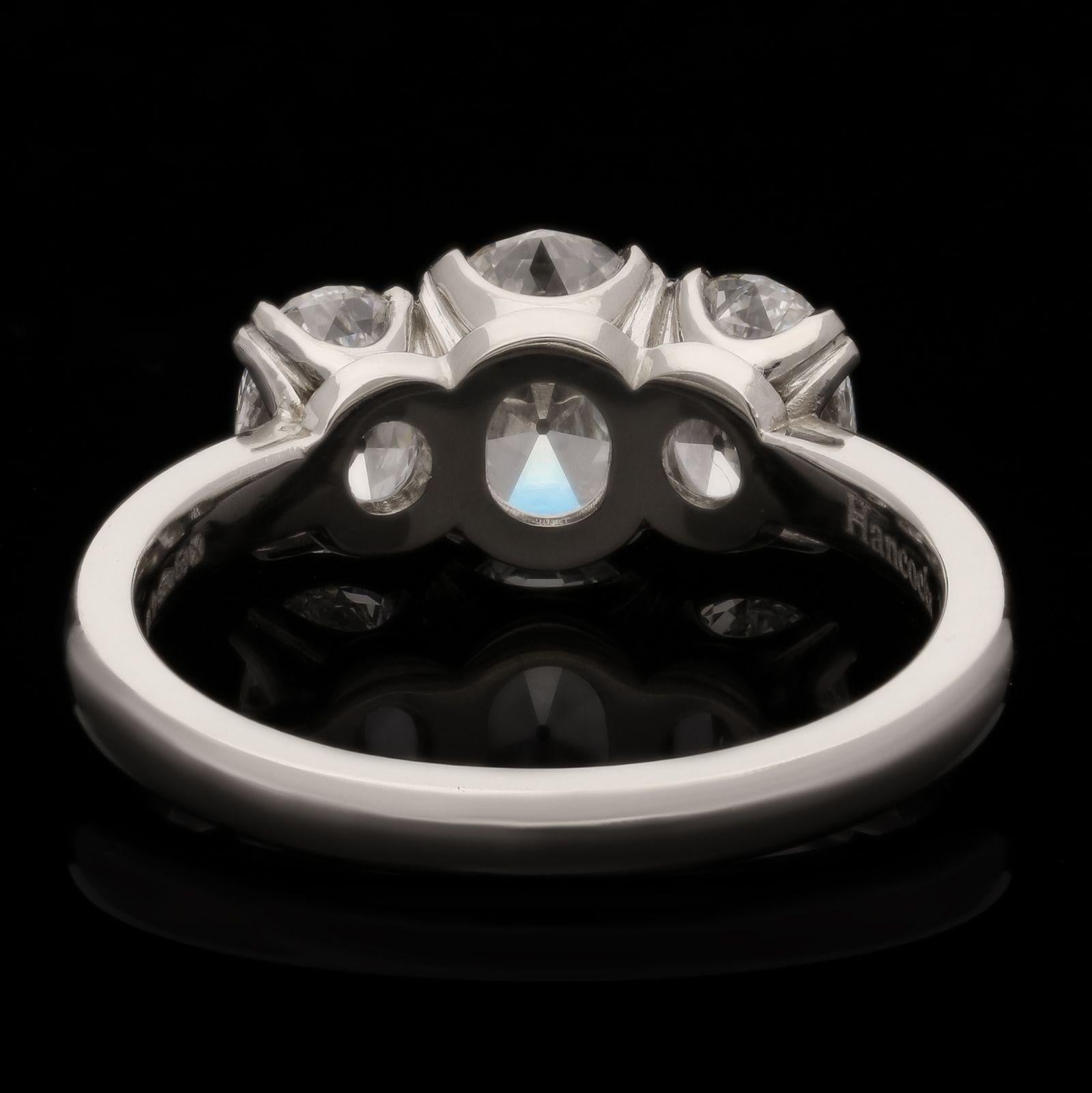 Women's or Men's Hancocks 2ct Three Stone Oval Brilliant Cut Diamond Ring in Platinum For Sale