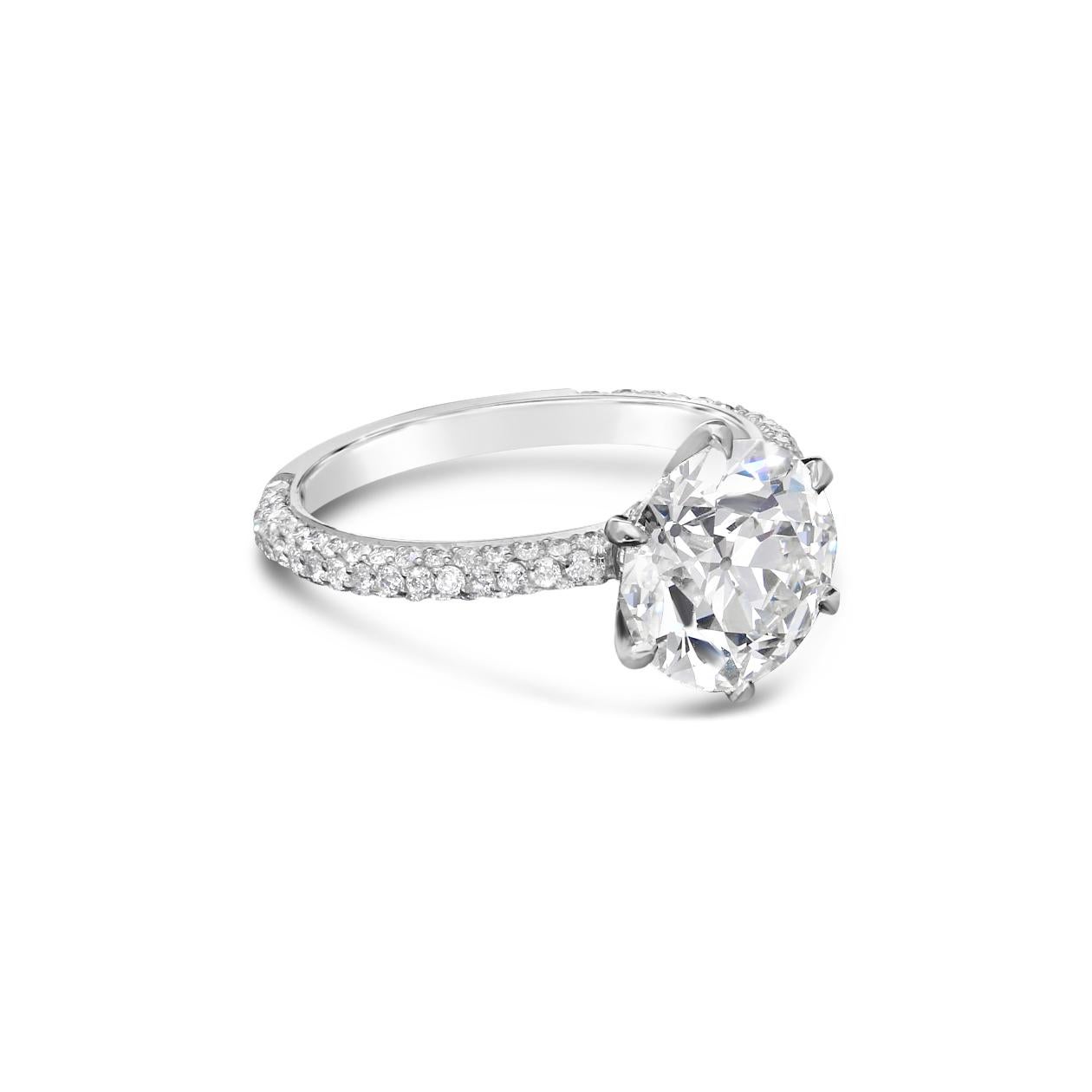3.08ct H VS2 Old European brilliant cut diamond with GIA certificate 
Platinum with London assay marks
UK finger size L 1/2, US size 6.25, can be adjusted to your own finger size
4.5 grams

A stunning diamond solitaire ring by Hancocks centred with