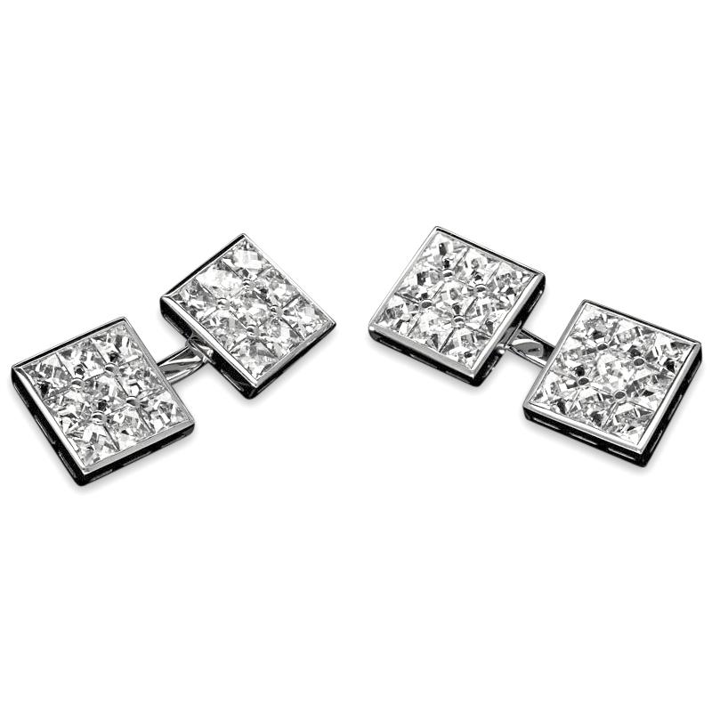 36 x French-cut diamonds weighing a combined total of 3.10cts and of G VS quality
Platinum with maker's mark and signature and London assay marks
Each face 10mm square
12 grams

A wonderful pair of elegant diamond cufflinks by Hancocks, each doubled