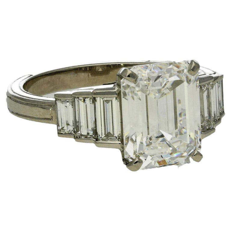 Hancocks 3.19ct D IF Emerald Cut Diamond Ring Baguette Diamond Shoulders For Sale