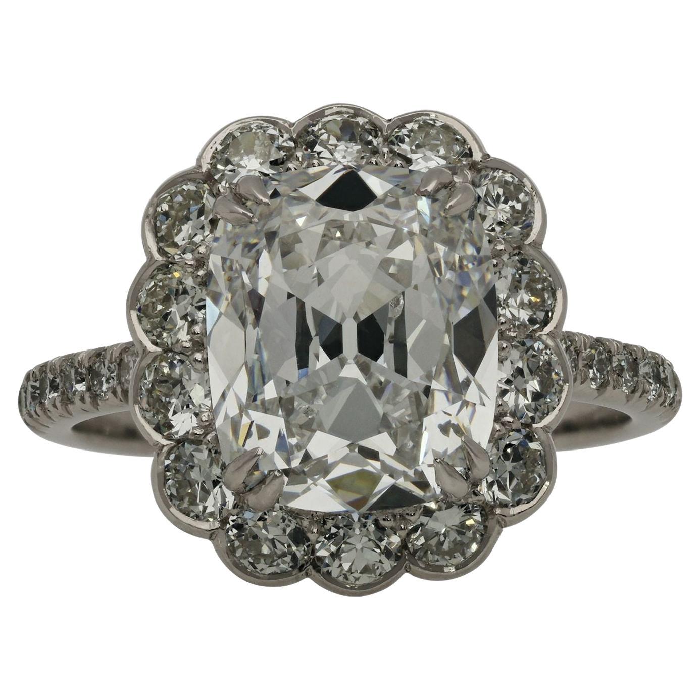 3.20ct Old Mine Cushion Cut Diamond Cluster Ring in Platinum For Sale