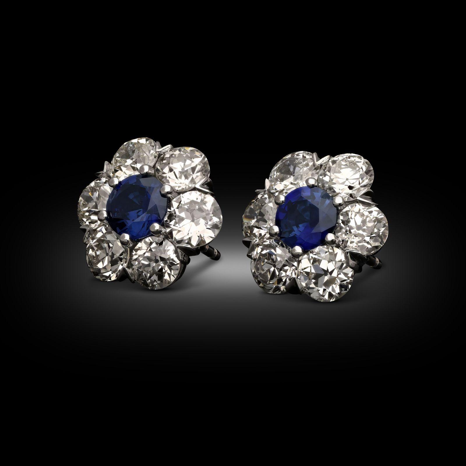 Brilliant Cut Hancocks 3.63ct Diamond & Sapphire Floral Cluster Earrings For Sale