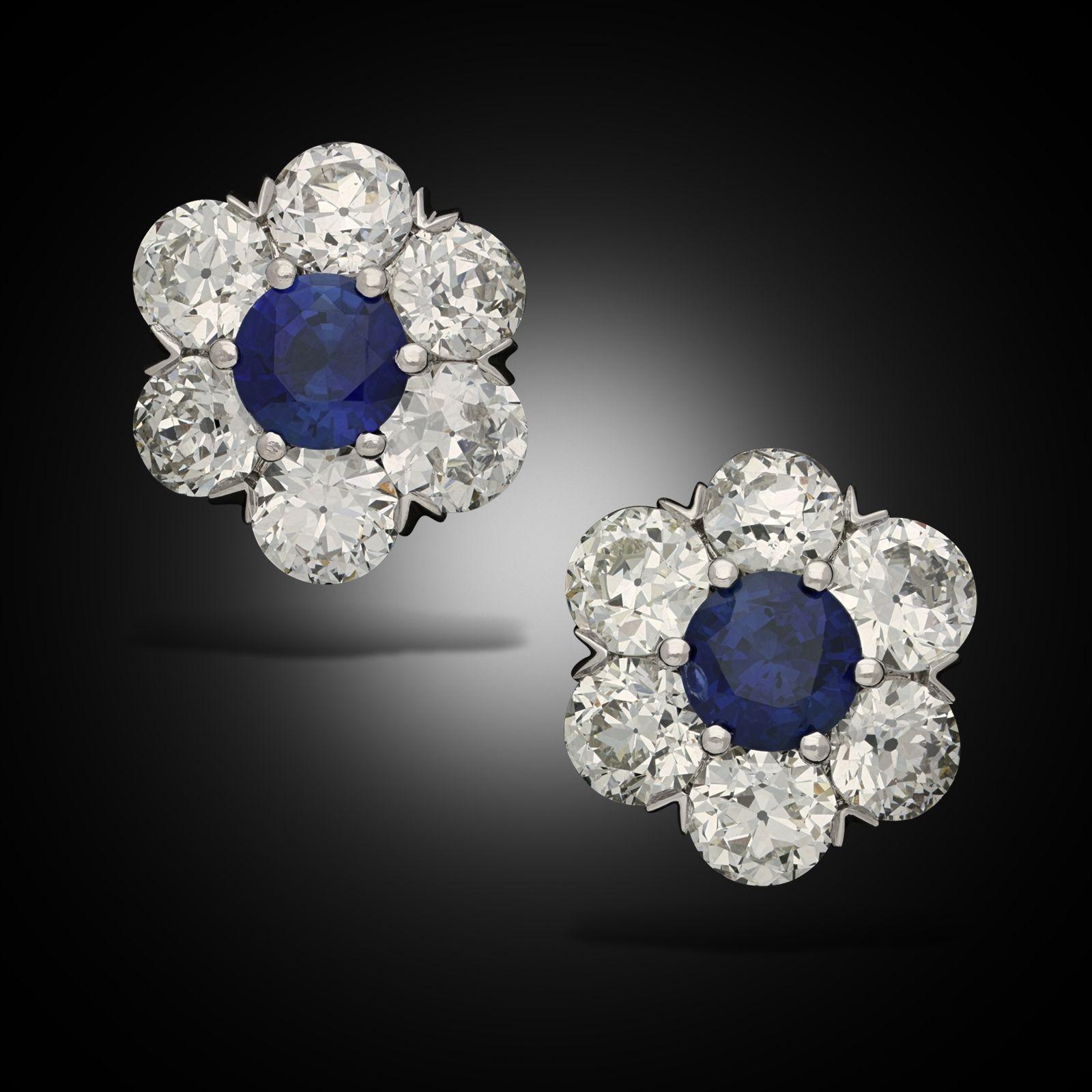Hancocks 3.63ct Diamond & Sapphire Floral Cluster Earrings For Sale 1