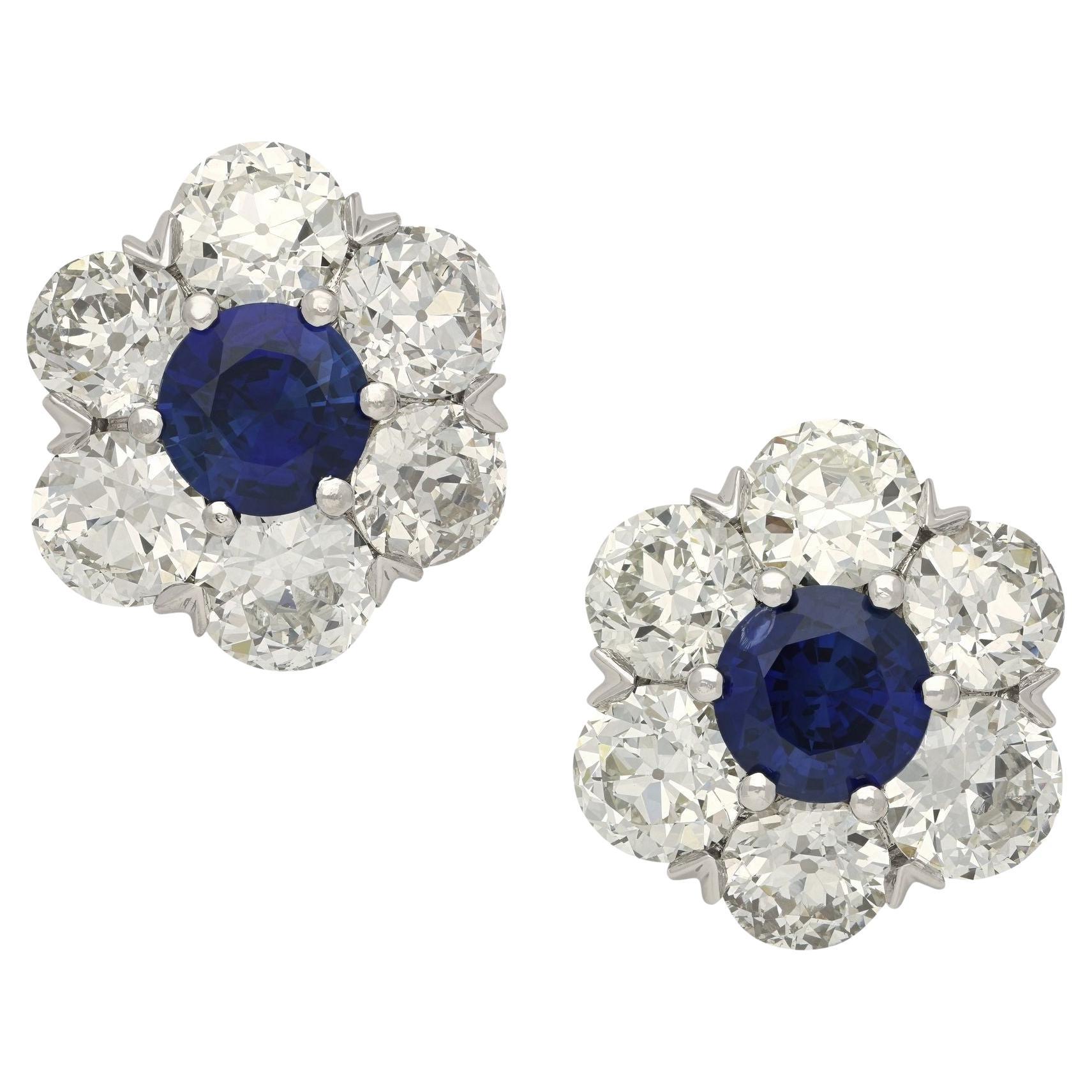 Hancocks 3.63ct Diamond & Sapphire Floral Cluster Earrings For Sale