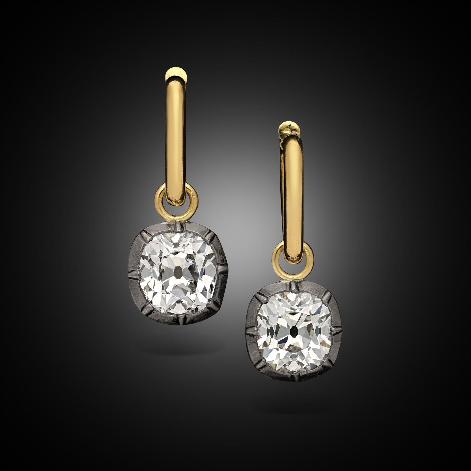 Taille vieille mine Hancocks Boucles d'oreilles en diamant taille coussin Old Mine 4.16ct Georgian Revival en vente
