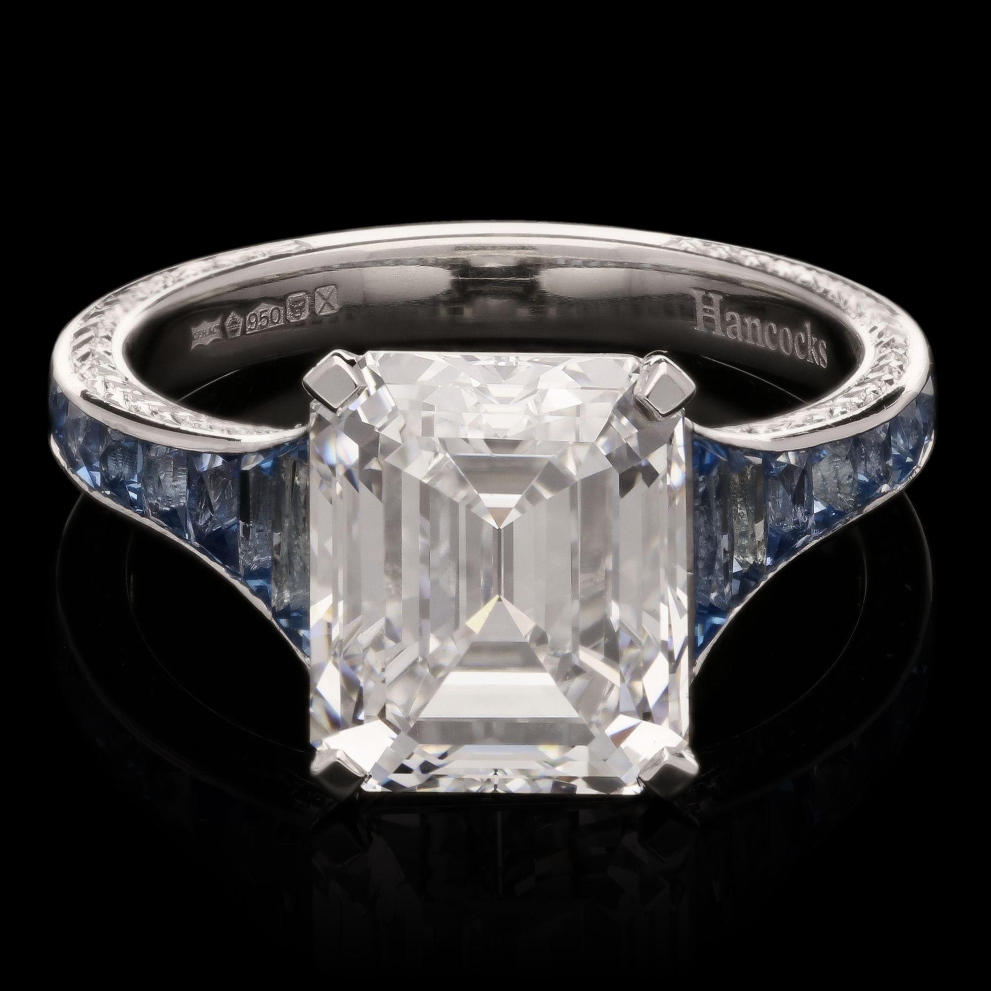 Women's Hancocks 4.48ct Emerald Cut Diamond Ring with Aquamarine Shoulders in Platinum For Sale