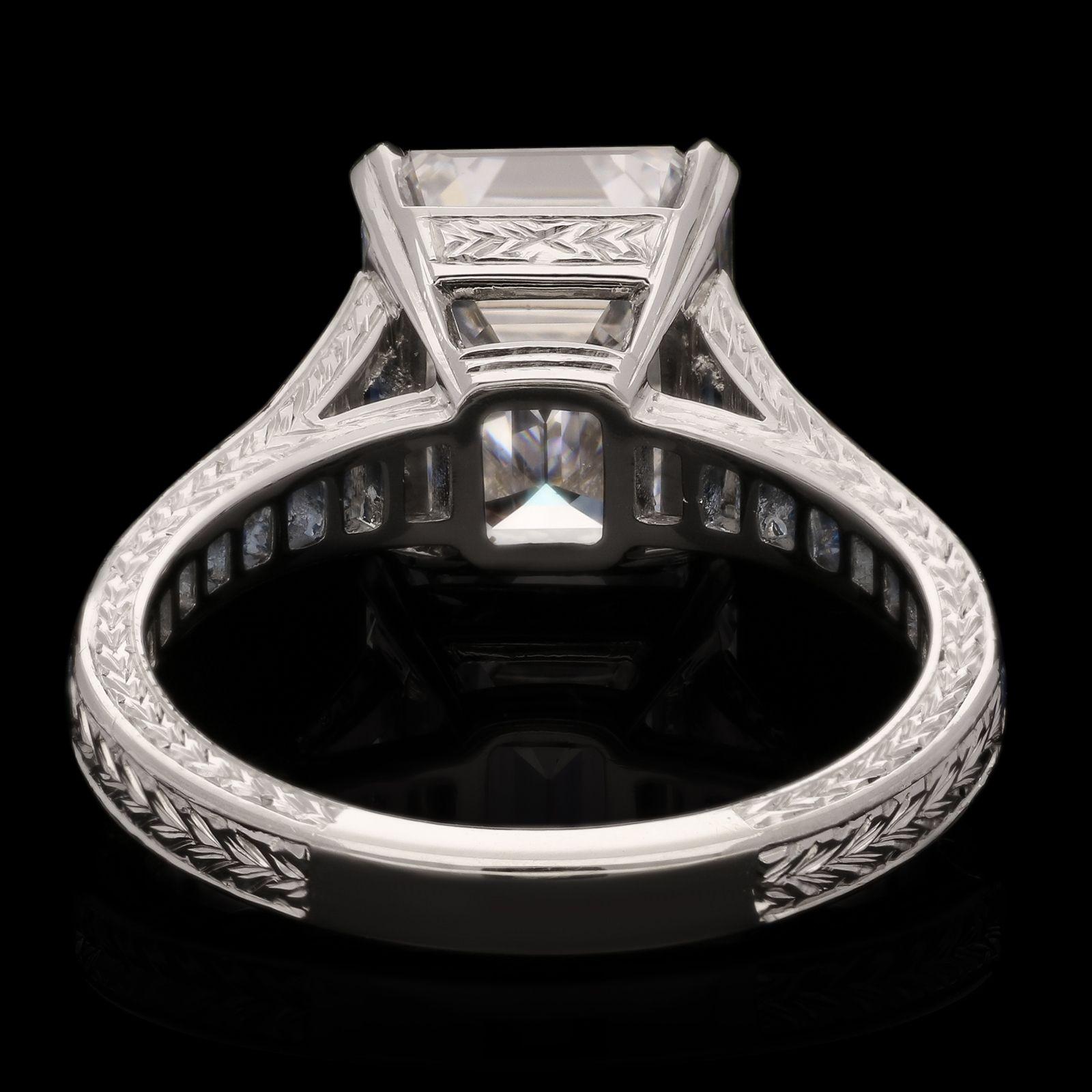 Hancocks 4.48ct Emerald Cut Diamond Ring with Aquamarine Shoulders in Platinum For Sale 1