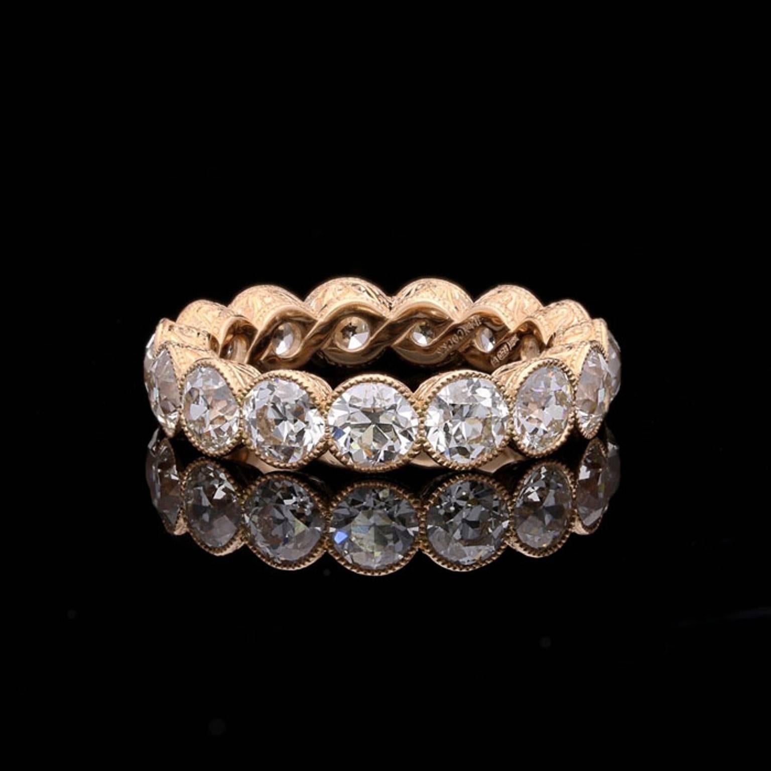 Contemporary Hancocks 4.90 Carat Old European Cut Diamond Full Set Eternity Rose Gold Ring For Sale