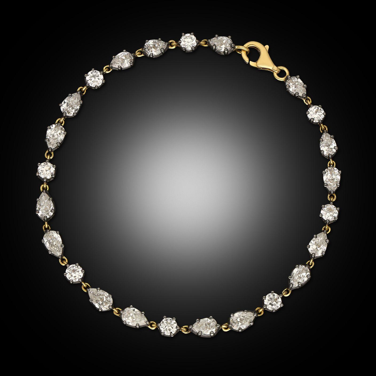 Créateur :
Hancocks
Résumé :
4.90ct Georgian Revival Diamond Line Bracelet
Description :
Bracelet de style néo-géorgien à lignes de diamants taillés à l'ancienne, réalisé par Hancocks. Le bracelet articulé est conçu comme une ligne de formes de