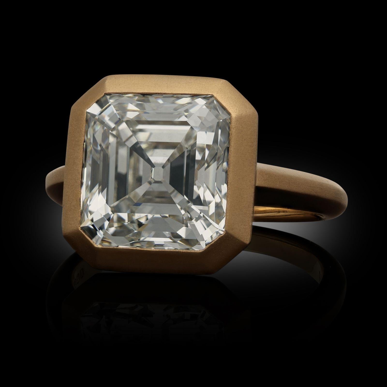 A stunning old-cut diamond and rose gold ring by Hancocks, centred with a wonderful old asscher-cut diamond weighing 5.06ct and of J colour and VVS2 clarity bezel set within a finely hand crafted 18ct rose gold mount with knife edge band and softly