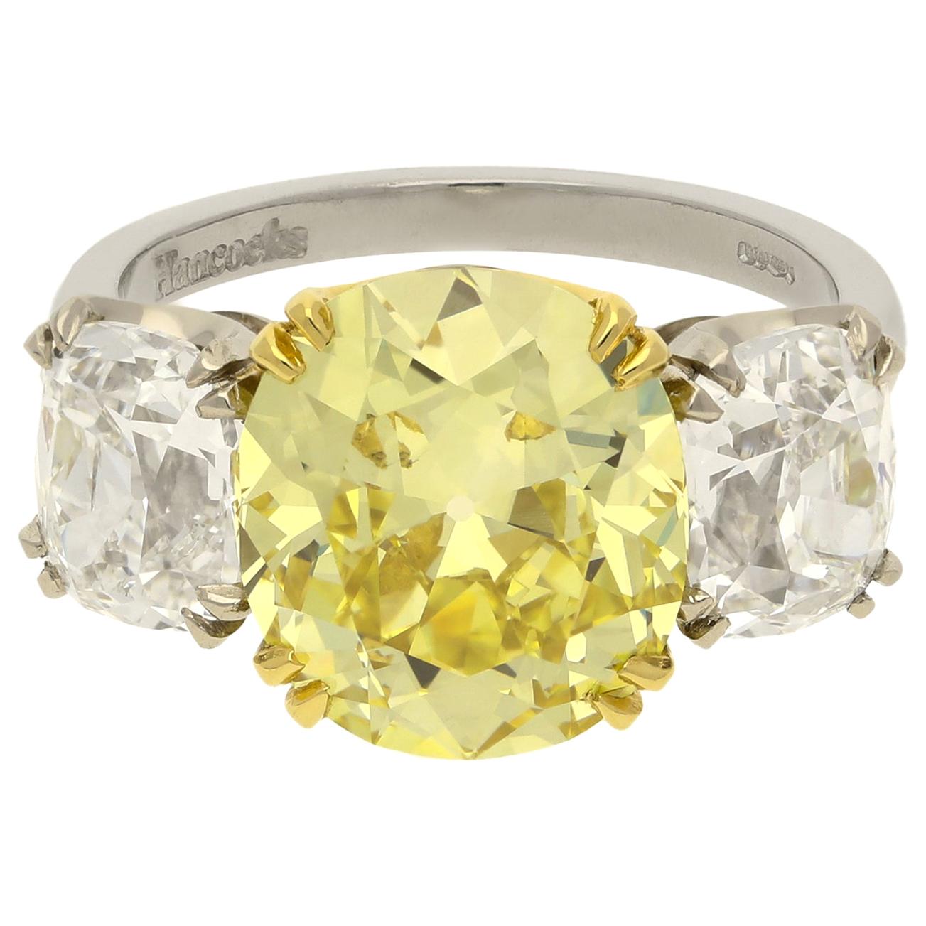 5.13 Carat Fancy Intense Yellow Old Cushion Diamond 3 Stone Ring by Hancocks