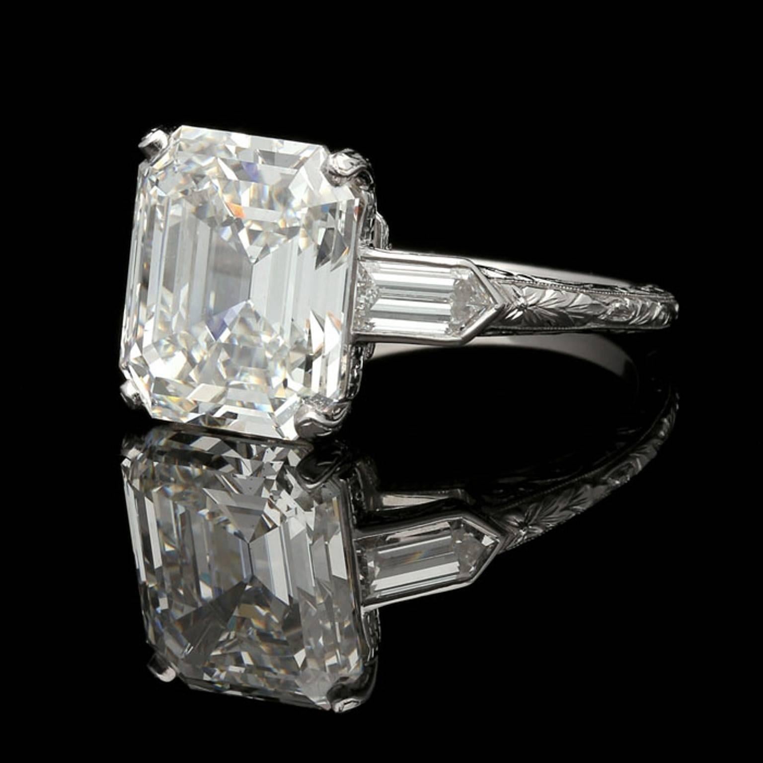 6.24Carat I VS2 Emerald cut diamond with GIA certificate 
Platinum
UK finger size M 1/2, US size 6.75, can be adjusted to your own finger size
5.9 grams

An elegant emerald cut diamond ring by Hancocks, the ring set with a beautiful emerald cut