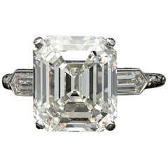 Hancocks 6.24 Carat Emerald Cut Diamond Ring with Bullet Diamond Shoulders
