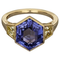 Hancocks 6.52ct Hexagonal Ceylon Sapphire Ring with Yellow Diamond Shoulders
