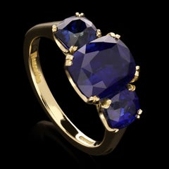 Hancocks 6.66ct Cushion Cut Sapphire Three Stone Ring Made in 18ct Yellow Gold