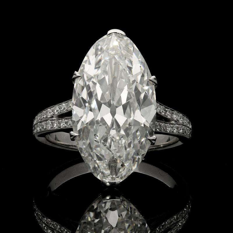 8.31ct H SI1 antique moval brilliant cut diamond with GIA certificate
Platinum with maker's signature and mark and London assay marks
UK finger size M, can be adjusted to your own finger size
7.6 grams

A sensational diamond ring by Hancocks set