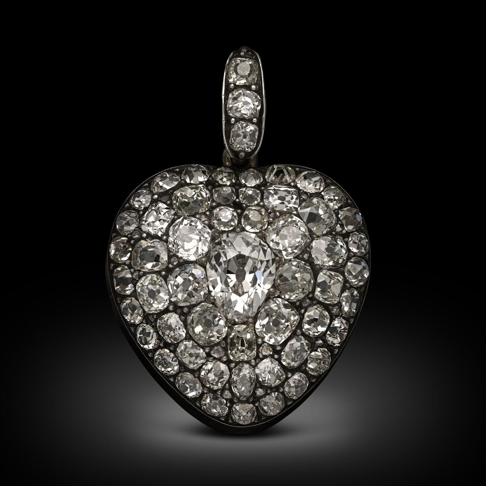 Taille vieille mine Pendentif en forme de cœur avec diamants, circa 1860, Hancocks Antique en vente