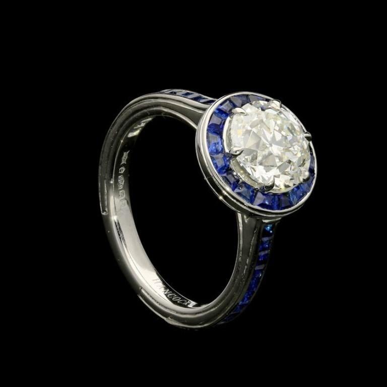 Brilliant Cut Hancocks Contemporary 2.02ct Old Cut Diamond Calibre Cut Sapphire Halo Ring For Sale