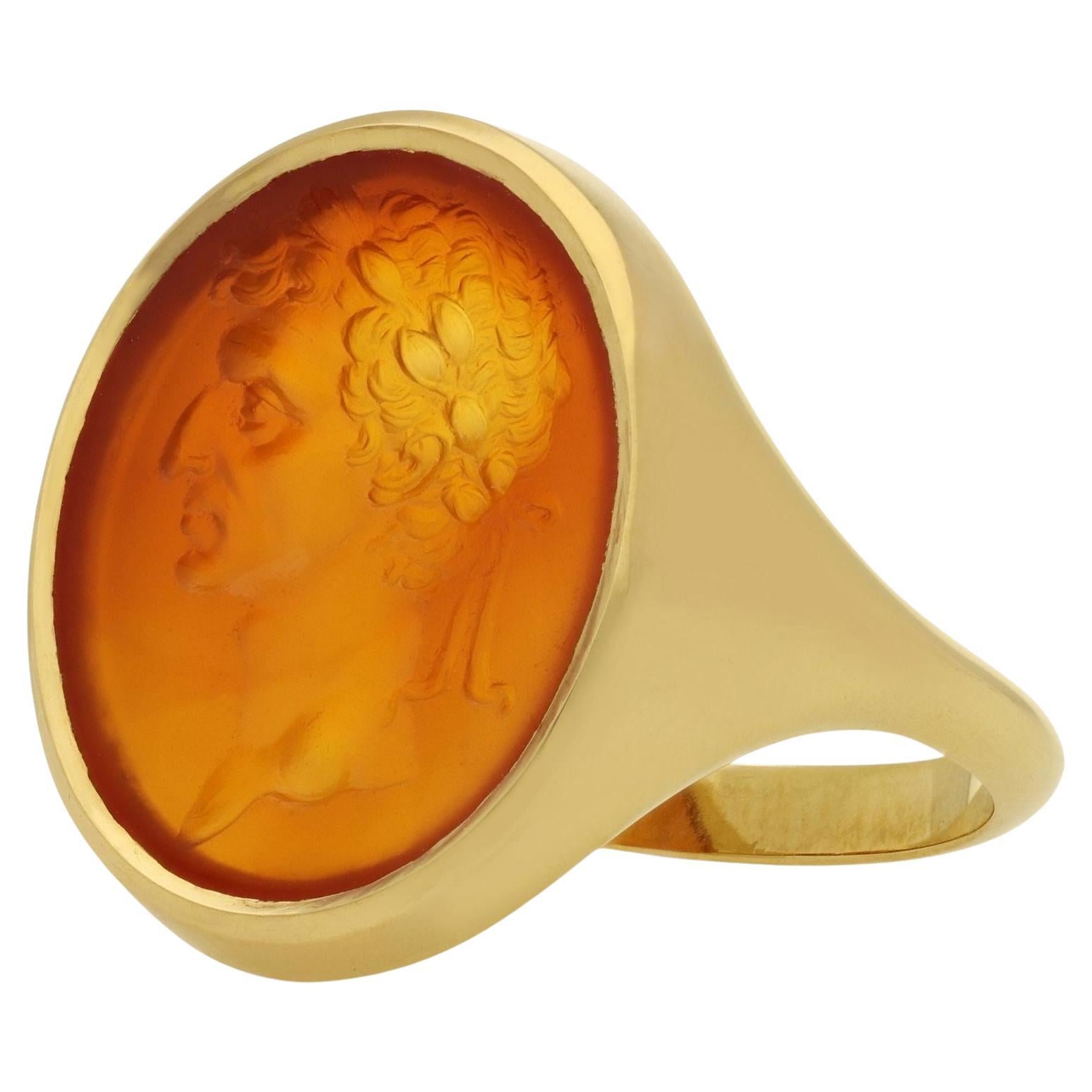 Hancocks Contemporary 22ct Gold Signet Ring Set With Antique Carnelian Intaglio For Sale