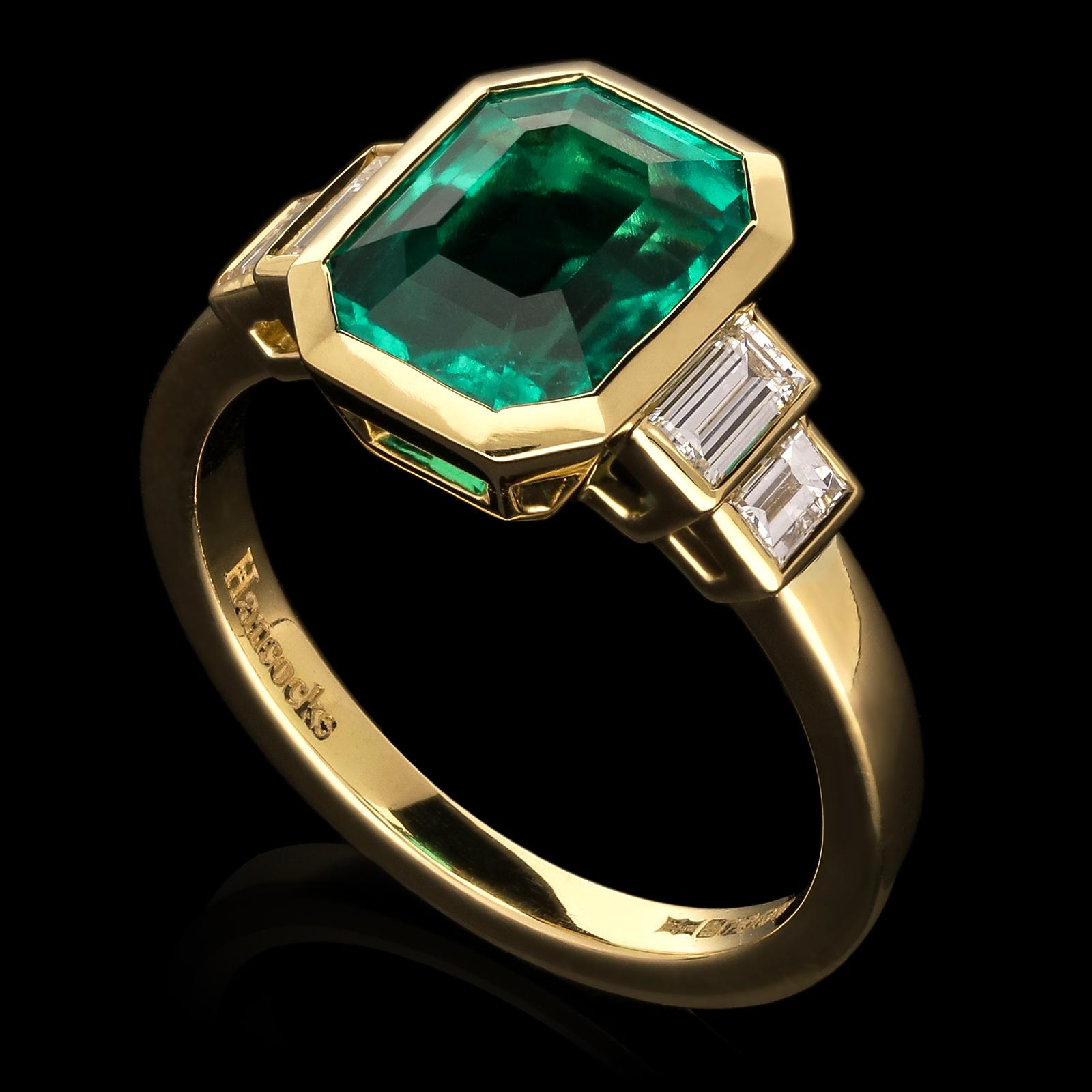 Emerald Cut Hancocks Contemporary 2.41ct Emerald-Cut Colombian Emerald Ring Diamond Shoulder For Sale