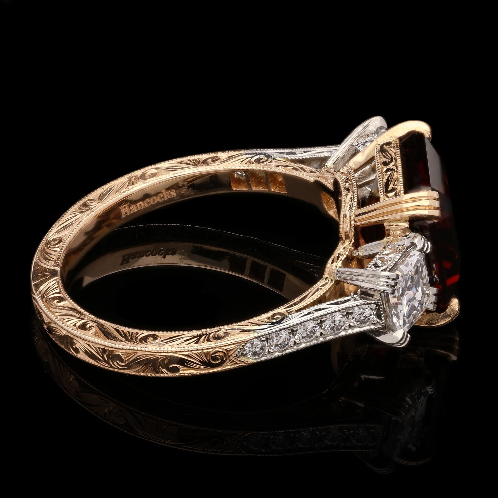 Women's Hancocks Contemporary 4.09ct Asscher Cut Burmese Spinel Diamond Three Stone Ring For Sale