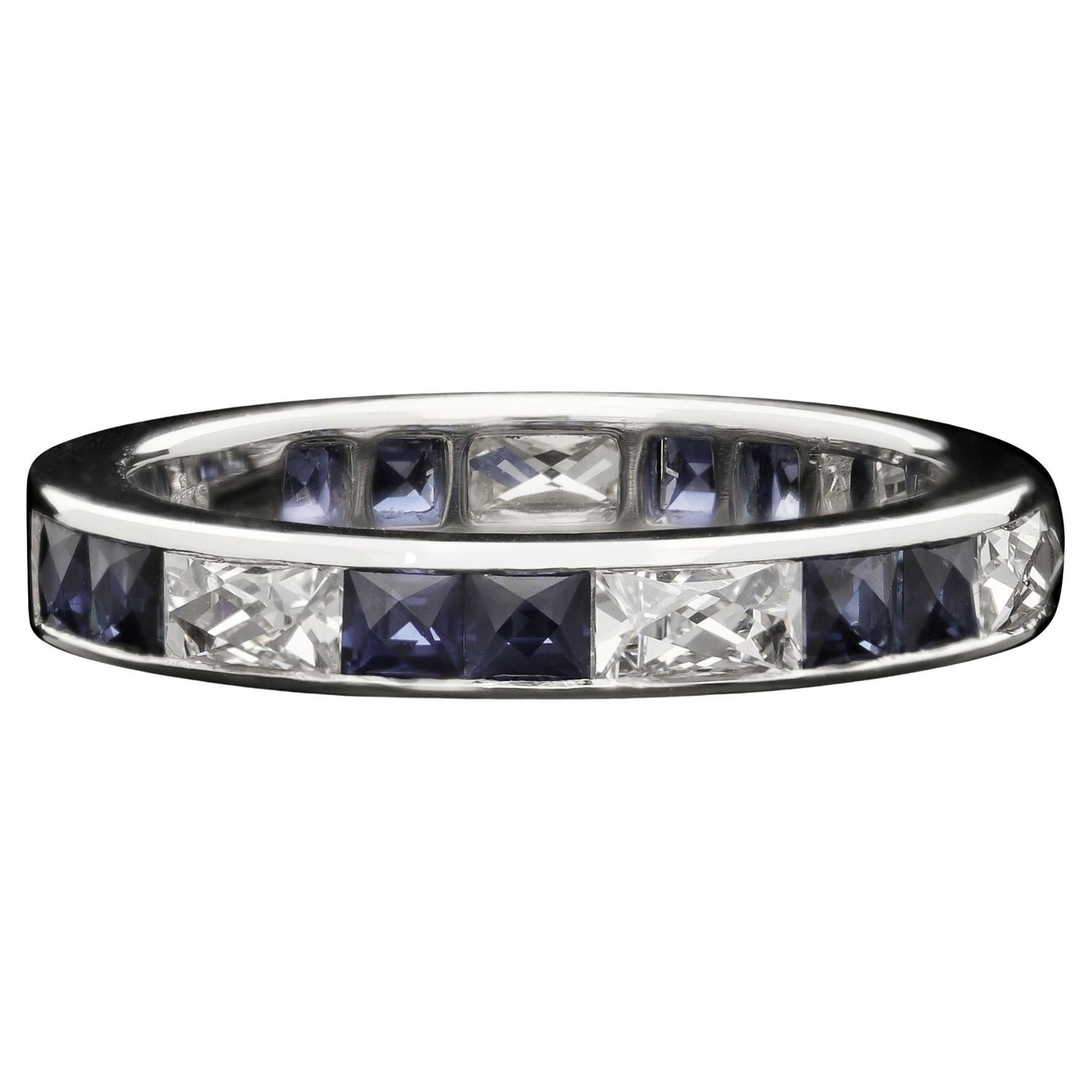 Hancocks Contemporary French Cut Diamond and Sapphire Eternity Ring in Platinum For Sale