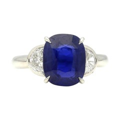 Hancocks Cushion Cut Ceylon Sapphire Ring with Half Moon Diamond Shoulders