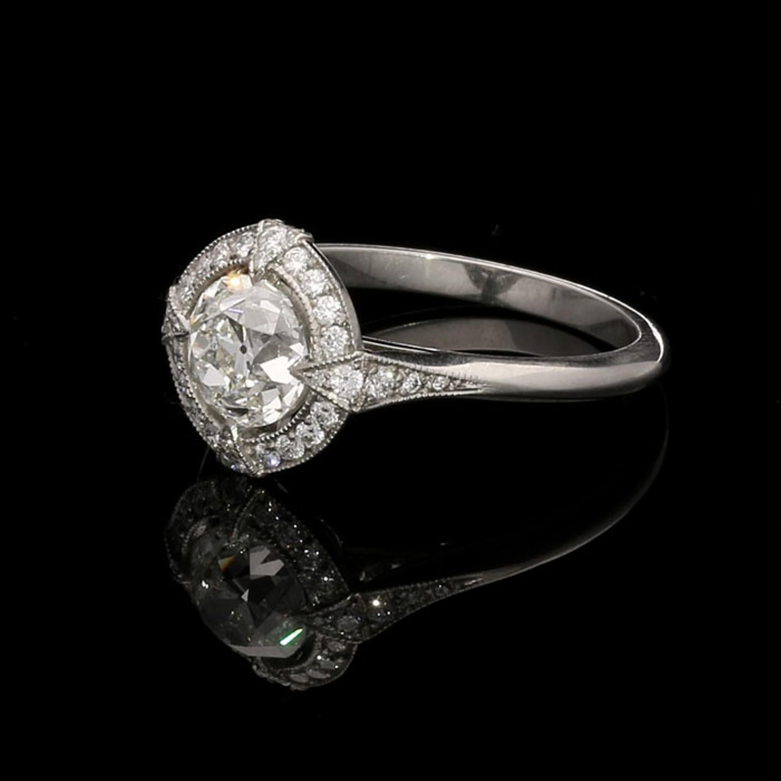 1.15ct I VVS1 Old European Brilliant cut diamond with GIA certificate
An elegant halo ring centred on an old European brilliant cut diamond by Hancocks, the bright and lively old European brilliant cut diamond weighing 1.15ct and of I colour and