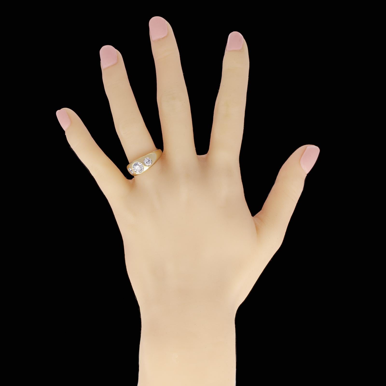 Women's or Men's Hancocks Old Cut Diamond Gypsy-Set Three Stone and18ct Gold Ring Contemporary